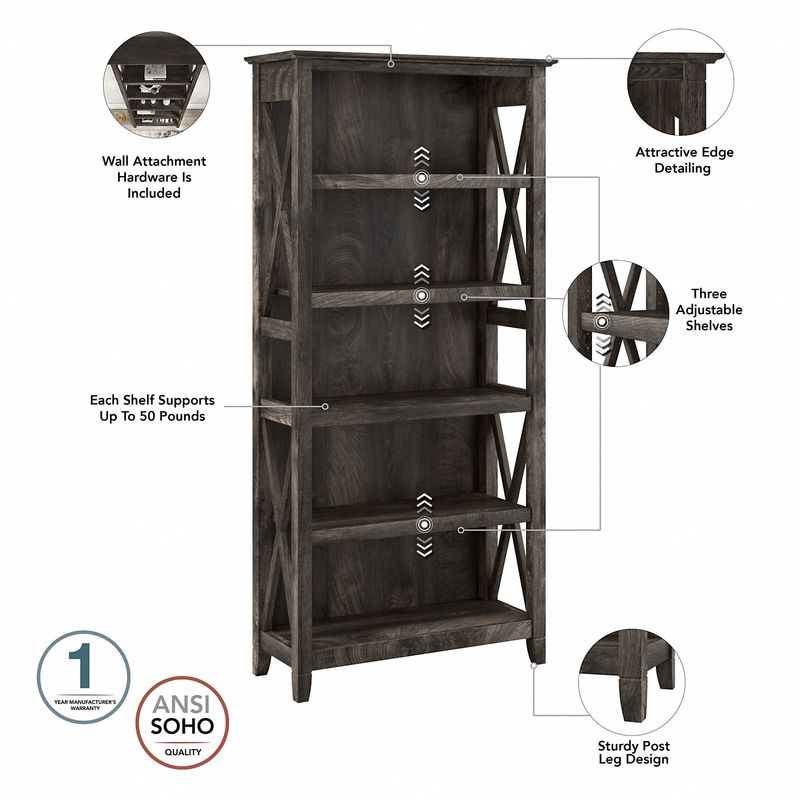 Bush Furniture Key West 54W Computer Desk With 2Drawer Lateral File Cabinet And 5Shelf Bookcase Dark Gray Hickory Standard Delivery