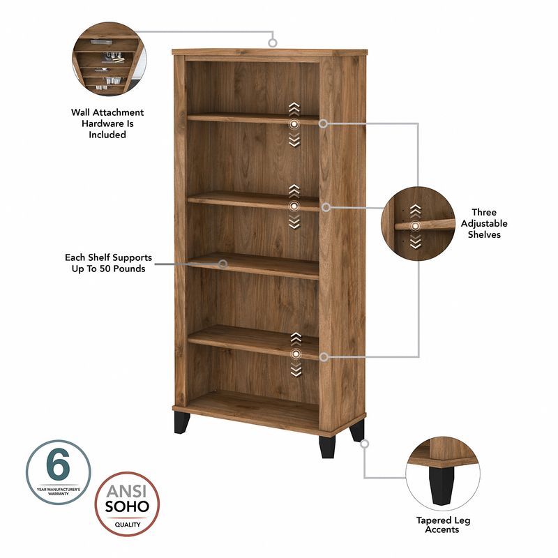Bush Business Furniture Somerset 60W Office Computer Desk With Lateral File Cabinet And 5Shelf Bookcase Fresh Walnut Standard Delivery