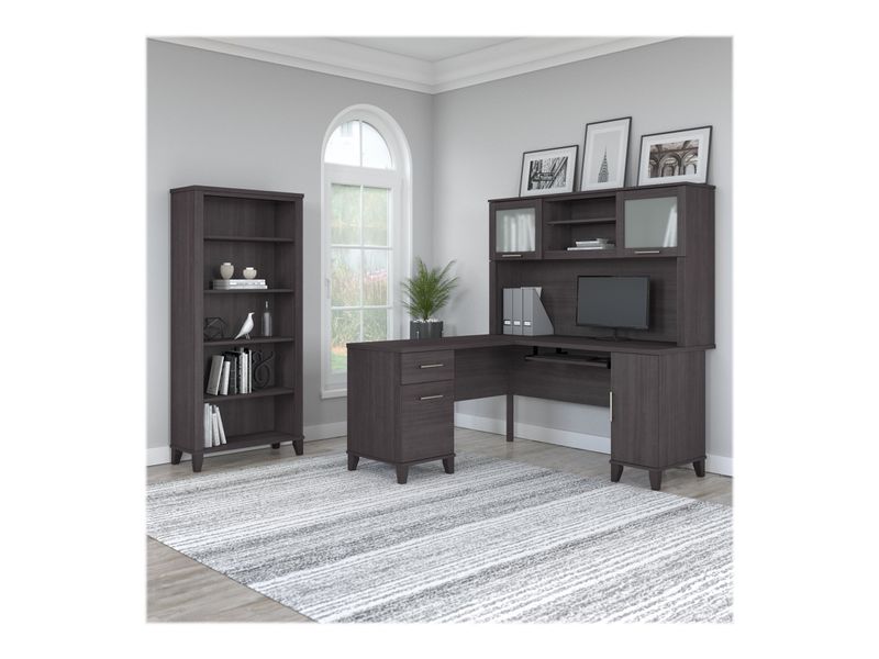 Bush Business Furniture Somerset 60W LShaped Corner Desk With Hutch And 5Shelf Bookcase Storm Gray Standard Delivery
