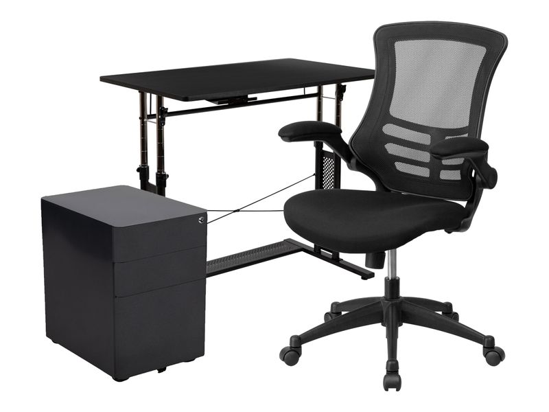 Flash Furniture Work From Home DeskChair Set With Adjustable Computer Desk Ergonomic Mesh ChairMobile Filing Cabinet Black BLNNAN21CPX5LBK