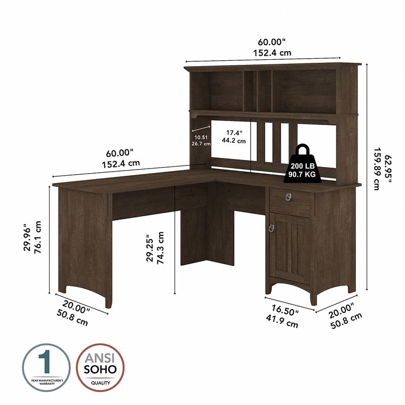 Bush Furniture Salinas 60W LShaped Desk With Hutch Ash Brown Standard Delivery