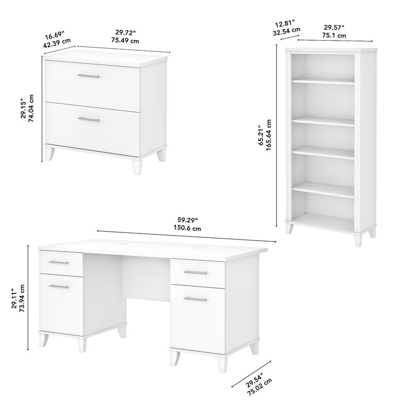 Bush Furniture 60W Office Computer Desk With Lateral File Cabinet And 5Shelf Bookcase White Standard Delivery