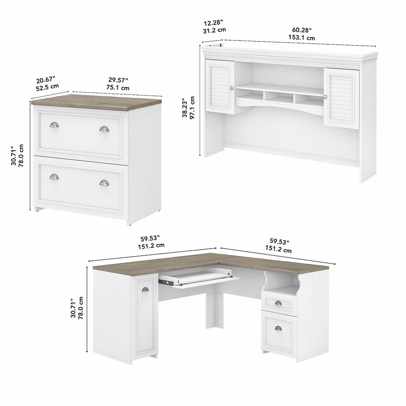 Bush Business Furniture Fairview 60W LShaped Corner Desk With Hutch And Lateral File Cabinet Shiplap GrayPure White Standard Delivery
