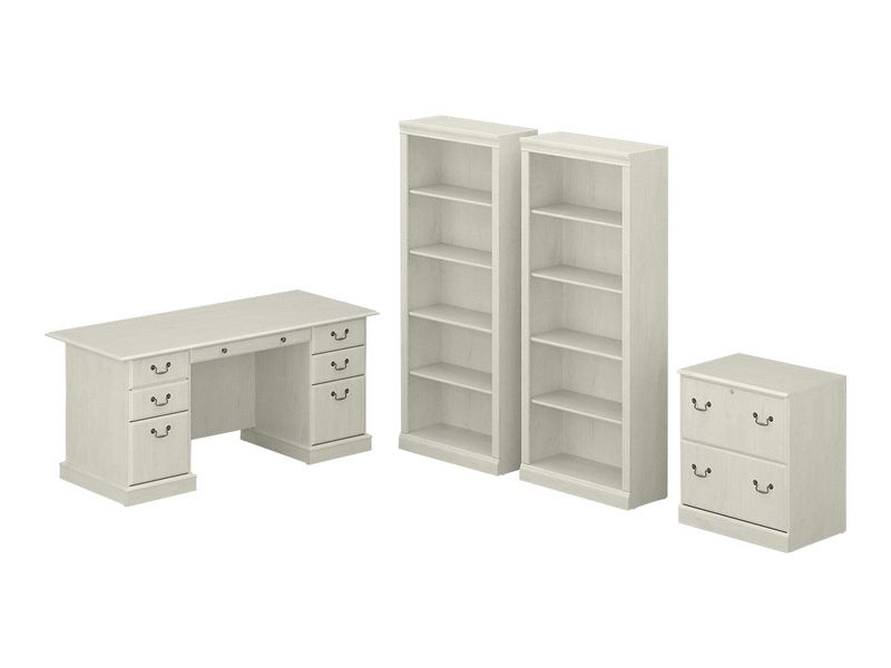 Bush Business Furniture Saratoga 66W Executive Computer Desk With File Cabinet And 5Shelf Bookcase Set Linen White Oak Standard Delivery