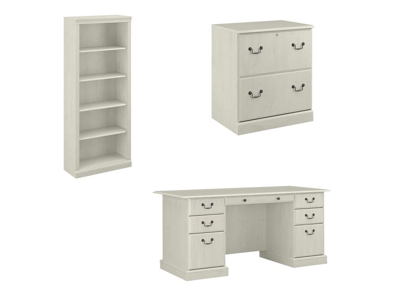 Bush Business Furniture Saratoga 66W Executive Computer Desk With File Cabinet And 5Shelf Bookcase Set Linen White Oak Standard Delivery