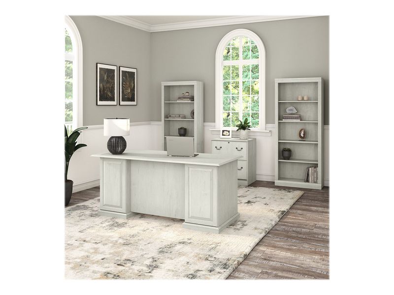 Bush Business Furniture Saratoga 66W Executive Computer Desk With File Cabinet And 5Shelf Bookcase Set Linen White Oak Standard Delivery