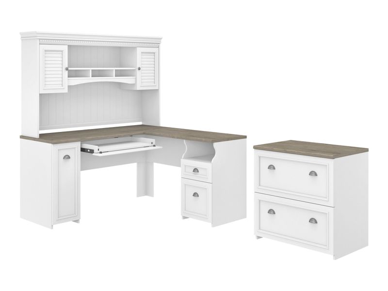 Bush Business Furniture Fairview 60W LShaped Corner Desk With Hutch And Lateral File Cabinet Shiplap GrayPure White Standard Delivery