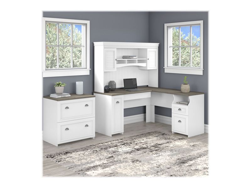 Bush Business Furniture Fairview 60W LShaped Corner Desk With Hutch And Lateral File Cabinet Shiplap GrayPure White Standard Delivery