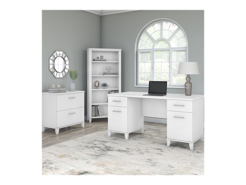 Bush Furniture 60W Office Computer Desk With Lateral File Cabinet And 5Shelf Bookcase White Standard Delivery