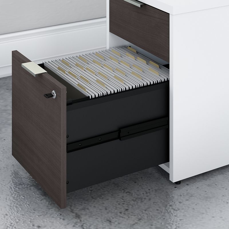 Bush Business Furniture Jamestown 72W LShaped Corner Desk With Lateral File Cabinet And 5Shelf Bookcase Storm GrayWhite Standard Delivery