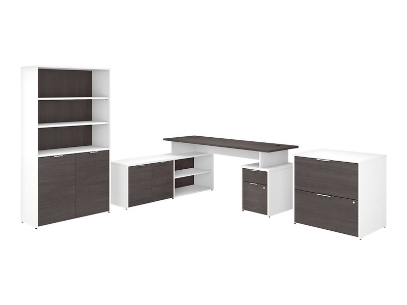 Bush Business Furniture Jamestown 72W LShaped Corner Desk With Lateral File Cabinet And 5Shelf Bookcase Storm GrayWhite Standard Delivery