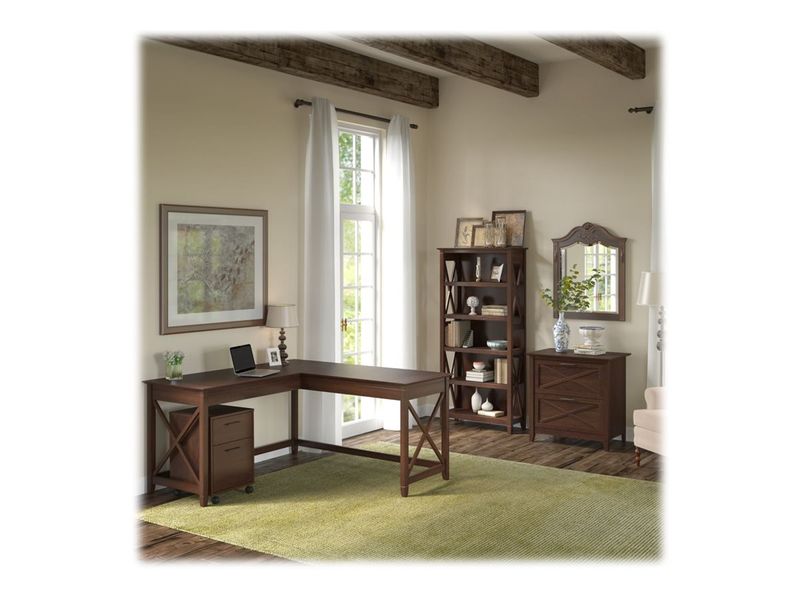 Bush Business Furniture Key West 60W LShaped Corner Desk With File Cabinets And 5Shelf Bookcase Bing Cherry Standard Delivery