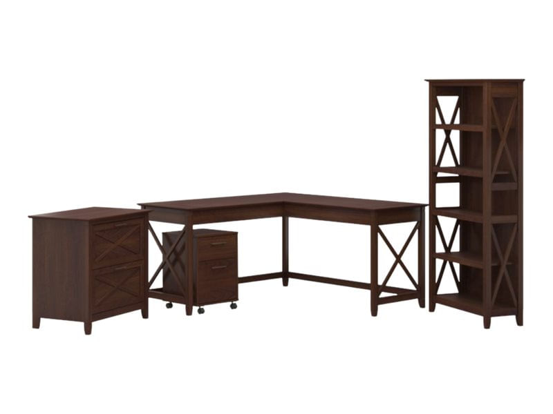Bush Business Furniture Key West 60W LShaped Corner Desk With File Cabinets And 5Shelf Bookcase Bing Cherry Standard Delivery