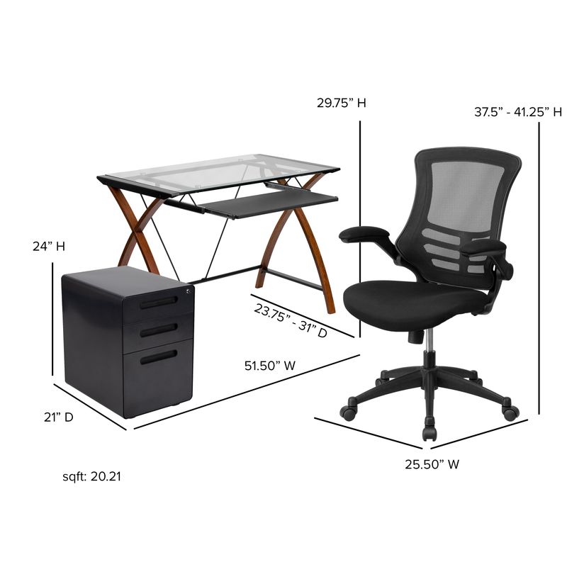 Flash Furniture Work From Home Desk And Chair Set With Glass Desk Ergonomic Mesh Office Chair And Filing Cabinet Black BLNNAN28APX5BK