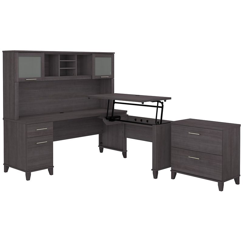 Bush Furniture Somerset 72W 3Position SitToStand LShaped Desk With Hutch And File Cabinet Storm Gray Standard Delivery