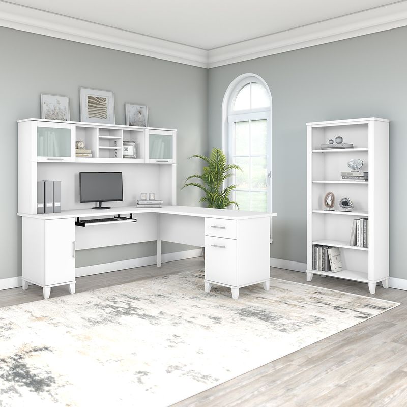 Bush Furniture Somerset 72W LShaped Desk With Hutch And 5Shelf Bookcase White Standard Delivery