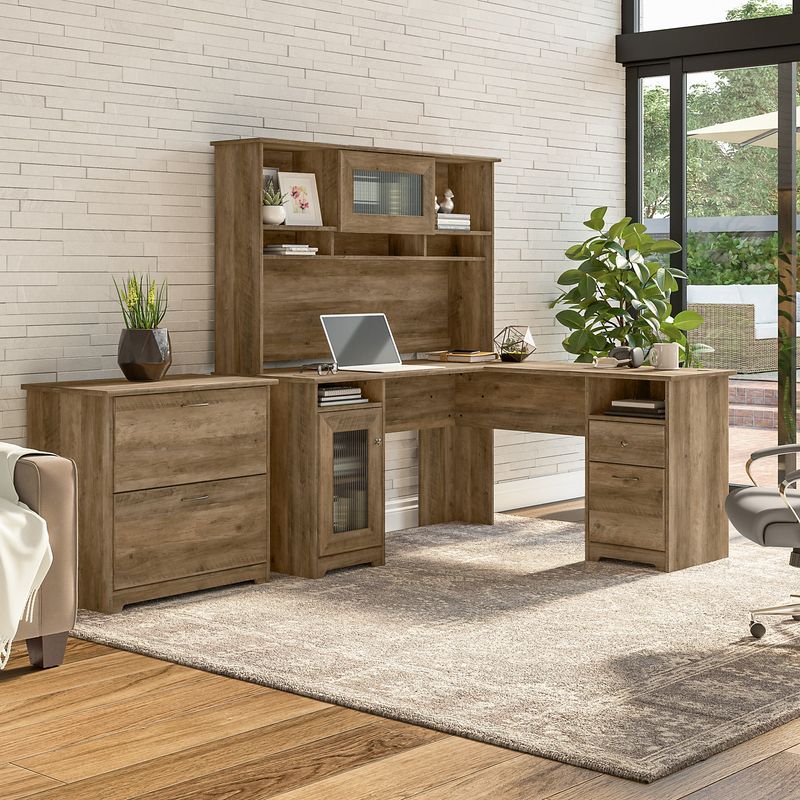 Bush Furniture Cabot 60W LShaped Computer Desk With Hutch And Lateral File Cabinet Reclaimed Pine Standard Delivery