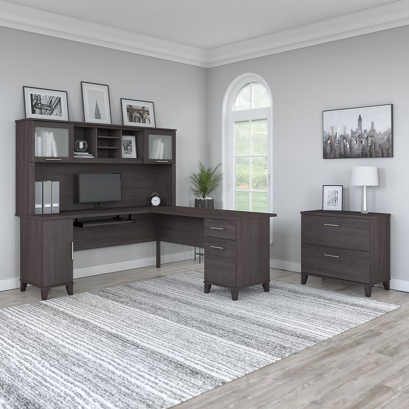 Bush Furniture Somerset 72W LShaped Desk With Hutch And Lateral File Cabinet Storm Gray Standard Delivery