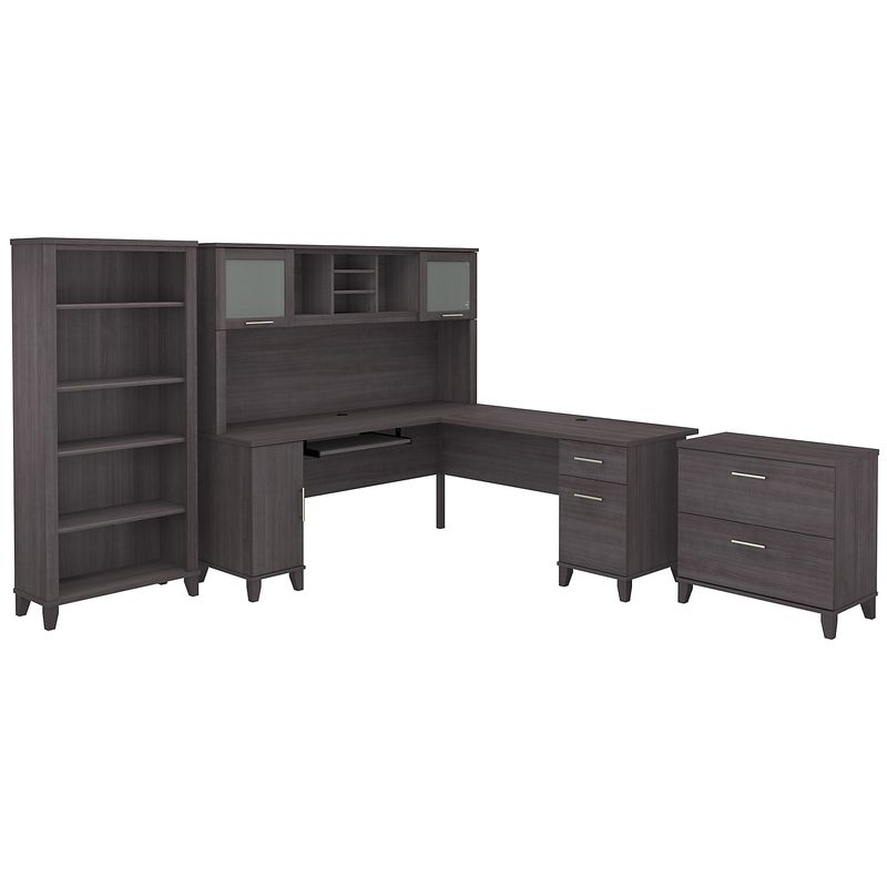 Bush Furniture Somerset 72W LShaped Desk With Hutch Lateral File Cabinet And Bookcase Storm Gray Standard Delivery