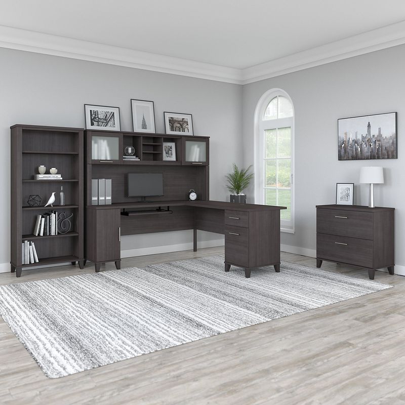 Bush Furniture Somerset 72W LShaped Desk With Hutch Lateral File Cabinet And Bookcase Storm Gray Standard Delivery