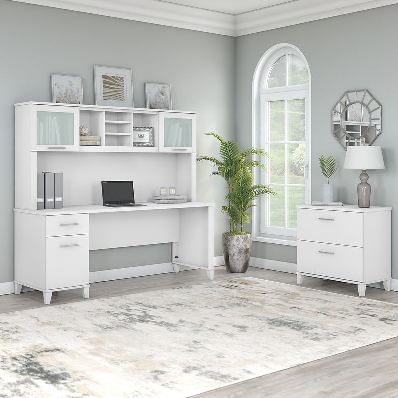 Bush Business Furniture Somerset 72W Office Computer Desk With Hutch And Lateral File Cabinet White Standard Delivery