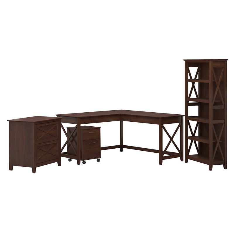 Bush Business Furniture Key West 60W LShaped Corner Desk With File Cabinets And 5Shelf Bookcase Bing Cherry Standard Delivery