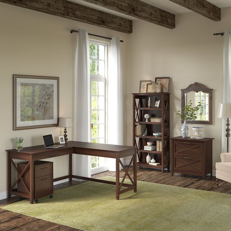Bush Business Furniture Key West 60W LShaped Corner Desk With File Cabinets And 5Shelf Bookcase Bing Cherry Standard Delivery