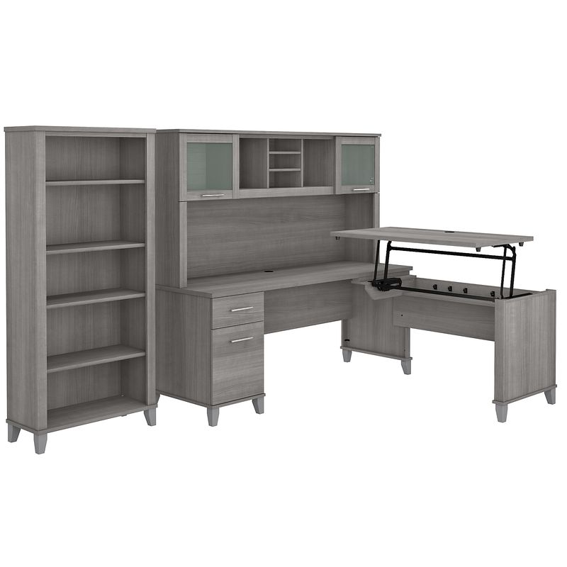 Bush Furniture Somerset 72W 3Position SitToStand LShaped Desk With Hutch And Bookcase Platinum Gray Standard Delivery