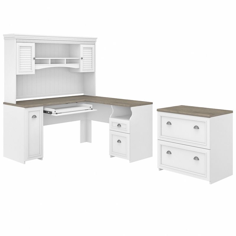 Bush Business Furniture Fairview 60W LShaped Corner Desk With Hutch And Lateral File Cabinet Shiplap GrayPure White Standard Delivery