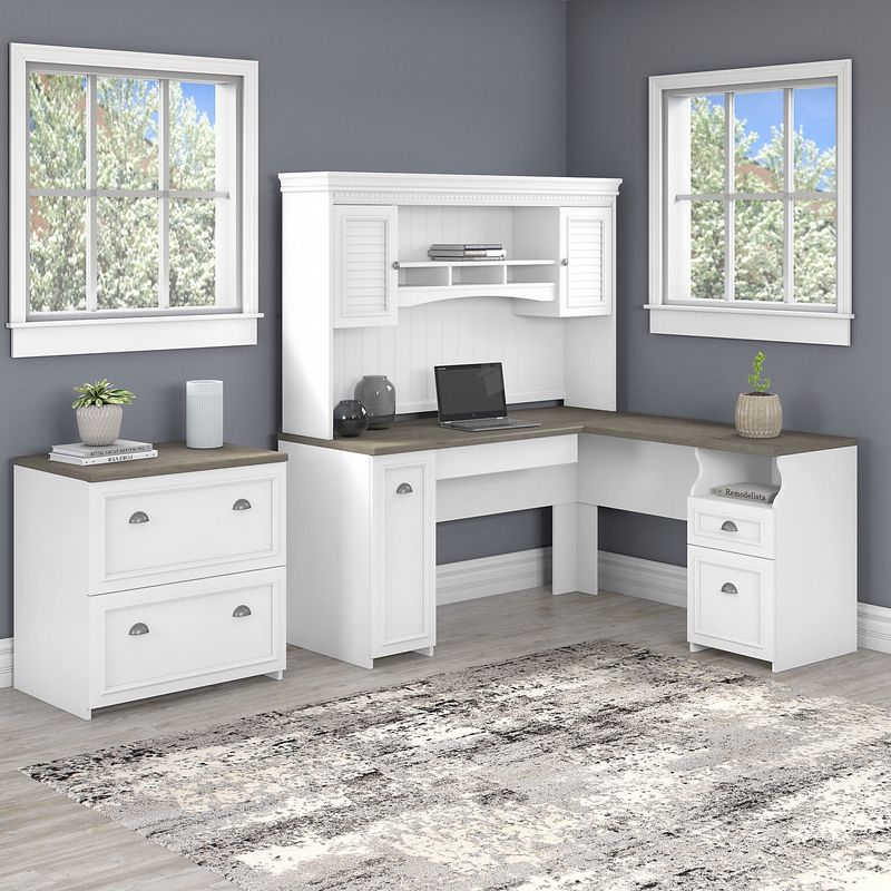 Bush Business Furniture Fairview 60W LShaped Corner Desk With Hutch And Lateral File Cabinet Shiplap GrayPure White Standard Delivery