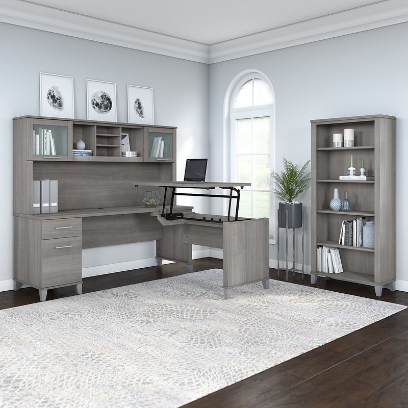 Bush Furniture Somerset 72W 3Position SitToStand LShaped Desk With Hutch And Bookcase Platinum Gray Standard Delivery