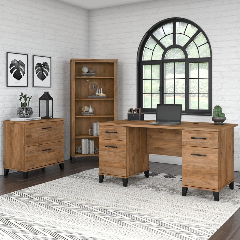 Bush Business Furniture Somerset 60W Office Computer Desk With Lateral File Cabinet And 5Shelf Bookcase Fresh Walnut Standard Delivery