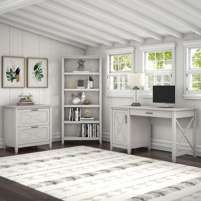 Bush Furniture Key West 54W Computer Desk With 2Drawer Lateral File Cabinet And 5Shelf Bookcase Linen White Oak Standard Delivery
