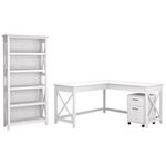 Bush Business Furniture Key West 60W LShaped Corner Desk With Mobile File Cabinet And 5Shelf Bookcase Pure White Oak Standard Delivery