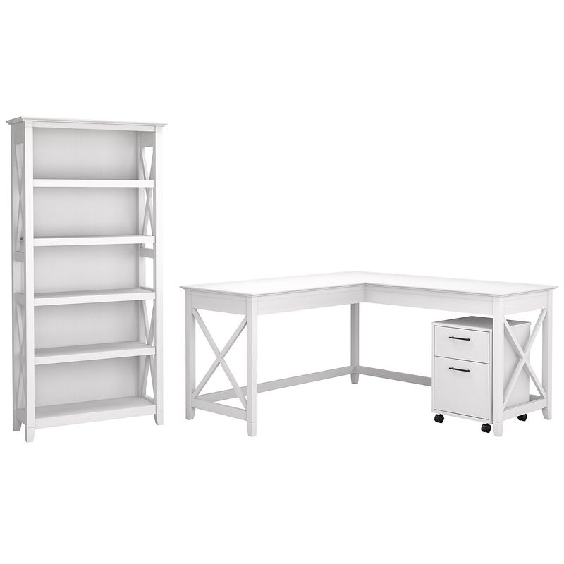Bush Business Furniture Key West 60W LShaped Corner Desk With Mobile File Cabinet And 5Shelf Bookcase Pure White Oak Standard Delivery
