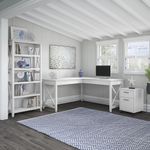Bush Business Furniture Key West 60W LShaped Corner Desk With Mobile File Cabinet And 5Shelf Bookcase Pure White Oak Standard Delivery