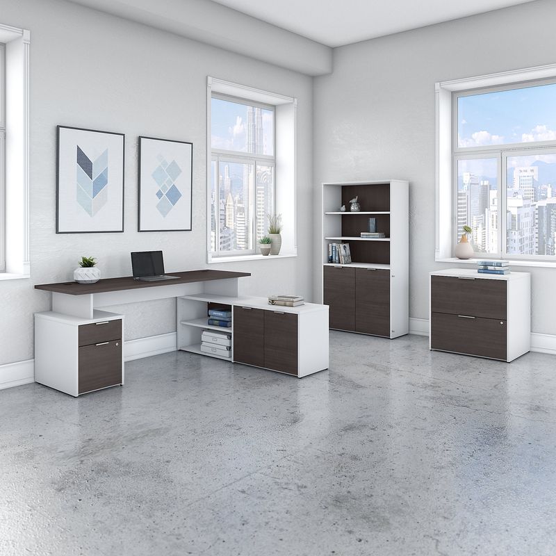 Bush Business Furniture Jamestown 72W LShaped Corner Desk With Lateral File Cabinet And 5Shelf Bookcase Storm GrayWhite Standard Delivery