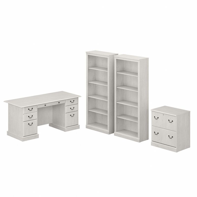 Bush Business Furniture Saratoga 66W Executive Computer Desk With File Cabinet And 5Shelf Bookcase Set Linen White Oak Standard Delivery