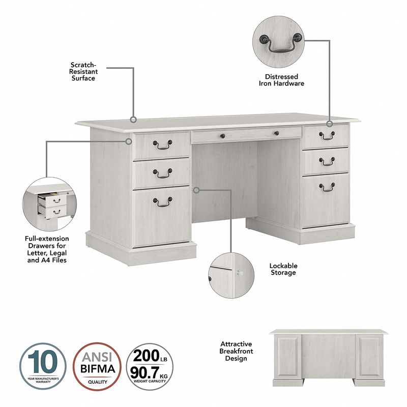 Bush Business Furniture Saratoga 66W Executive Computer Desk With File Cabinet And 5Shelf Bookcase Set Linen White Oak Standard Delivery