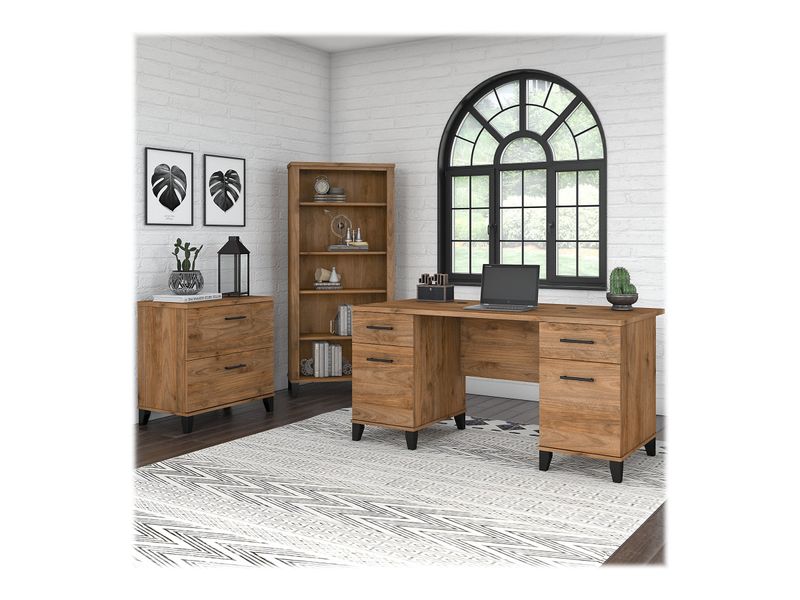 Bush Business Furniture Somerset 60W Office Computer Desk With Lateral File Cabinet And 5Shelf Bookcase Fresh Walnut Standard Delivery