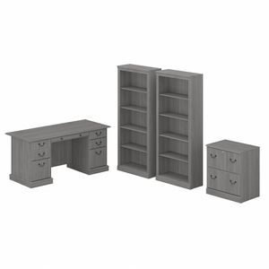 Bush Business Furniture Saratoga 66"W Executive Computer Desk With File Cabinet And 5-Shelf Bookcase Set