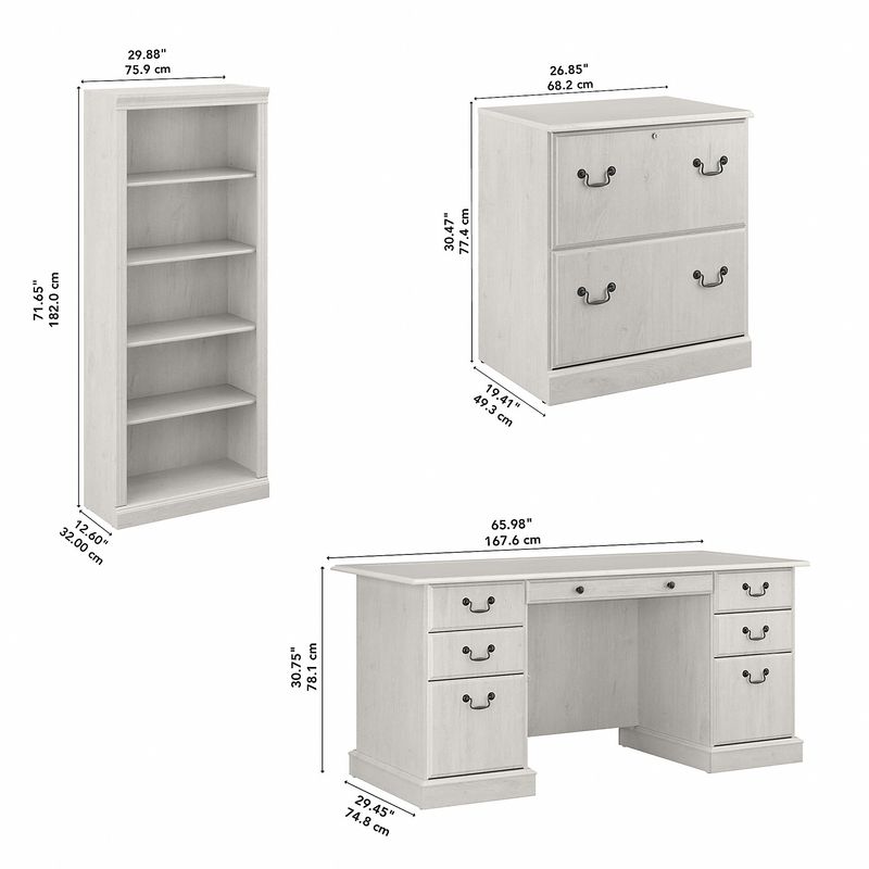 Bush Business Furniture Saratoga 66W Executive Computer Desk With File Cabinet And 5Shelf Bookcase Set Linen White Oak Standard Delivery