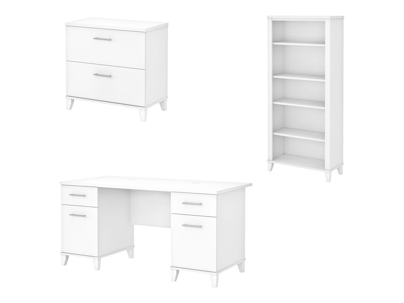 Bush Furniture 60W Office Computer Desk With Lateral File Cabinet And 5Shelf Bookcase White Standard Delivery