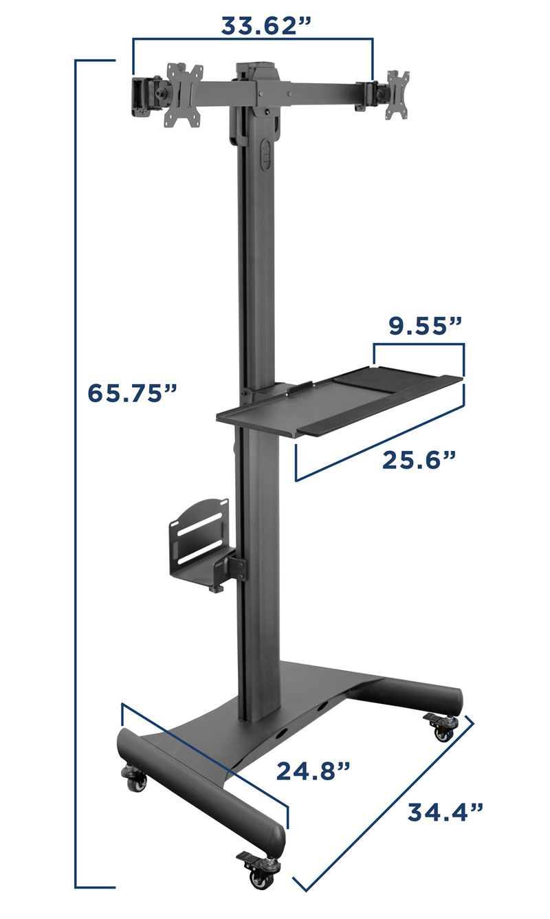 MountIt MI7986 Adjustable PC Mobile Workstation For Dual Monitors 45H x 2812W x 8D Black