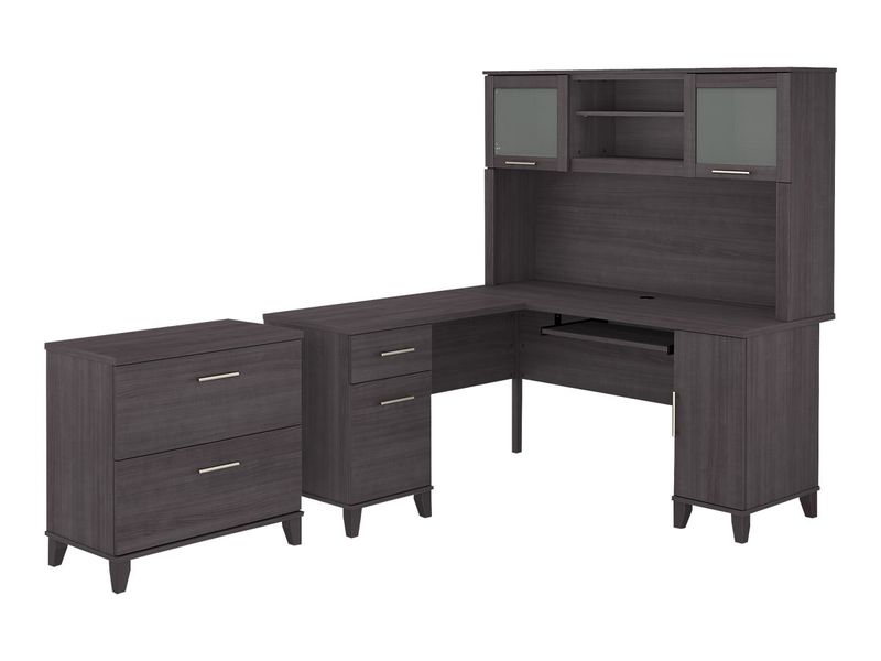 Bush Business Furniture Somerset 60W LShaped Corner Desk With Hutch And Lateral File Cabinet Storm Gray Standard Delivery