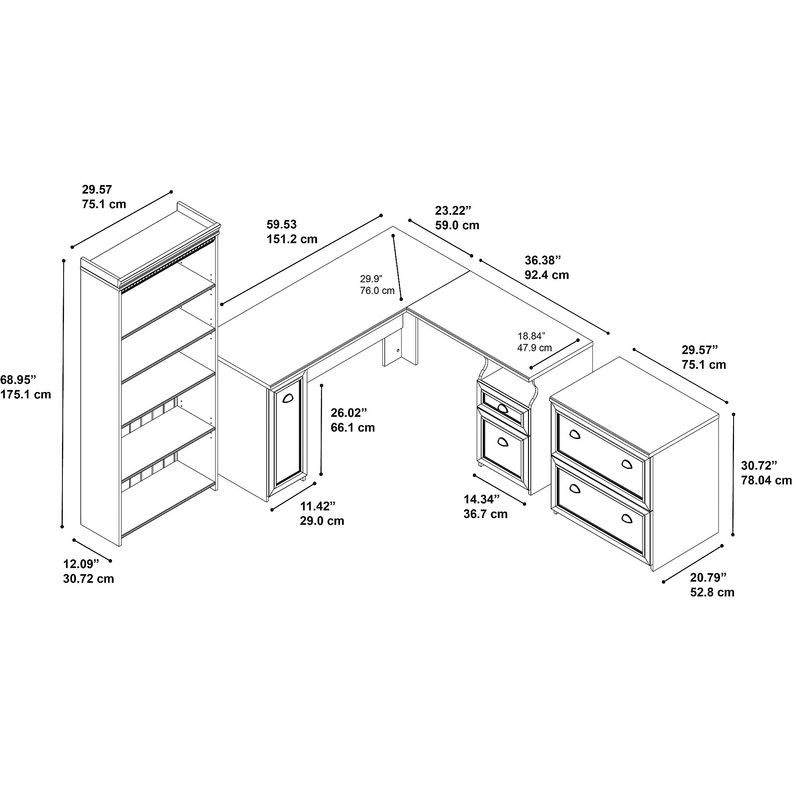 Bush Business Furniture Fairview 60W LShaped Corner Desk With Lateral File Cabinet And 5Shelf Bookcase Antique White Standard Delivery
