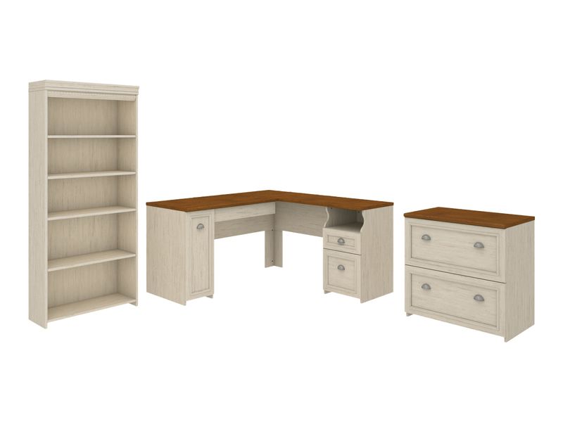 Bush Business Furniture Fairview 60W LShaped Corner Desk With Lateral File Cabinet And 5Shelf Bookcase Antique White Standard Delivery