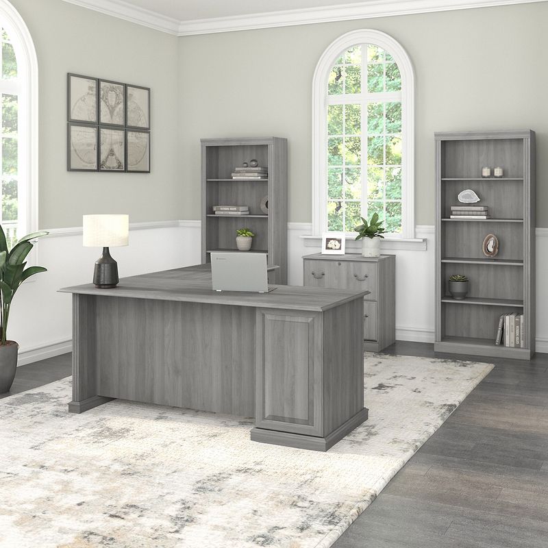 Bush Business Furniture Saratoga 66W LShaped Corner Desk With File Cabinet And Bookcase Set Modern Gray Standard Delivery