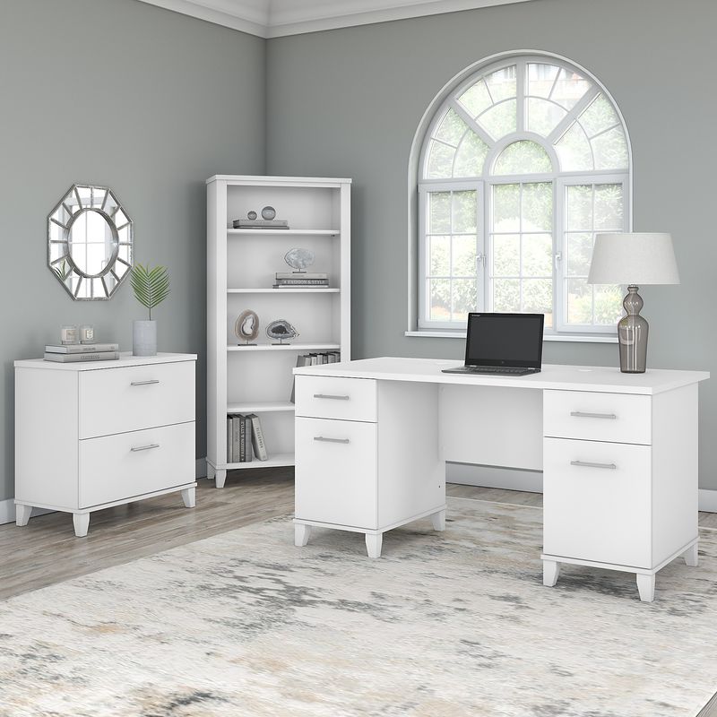 Bush Furniture 60W Office Computer Desk With Lateral File Cabinet And 5Shelf Bookcase White Standard Delivery