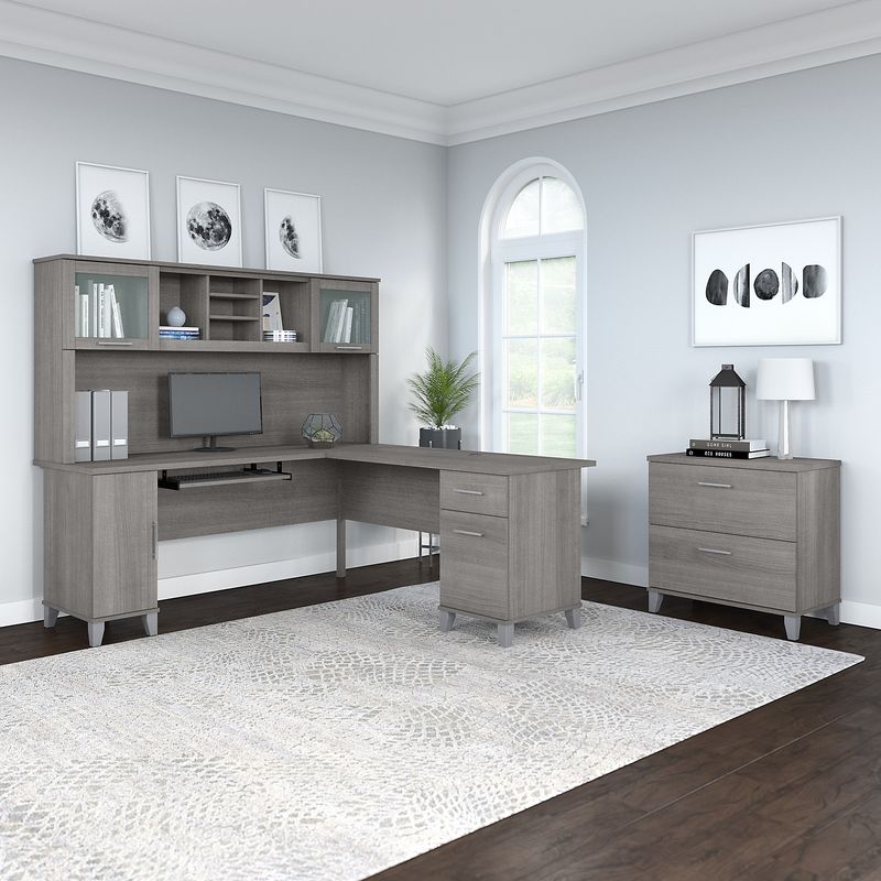Bush Furniture Somerset 72W LShaped Desk With Hutch And Lateral File Cabinet Platinum Gray Standard Delivery